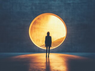 Woman standing in front of a large circular opening with glowing light