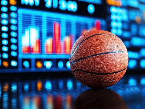 Basketball resting on a polished surface with digital data display behind