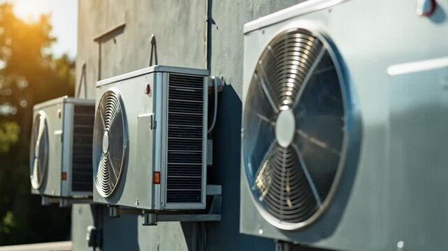 A row of air conditioners unit with sunbeams, capturing the essence of modern technological advancements for climate control. 