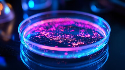 A transparent petri dish with genetically modified bacteria glowing under UV light. 