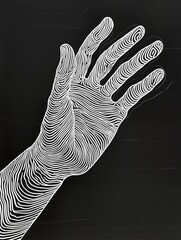 Artistic representation of a hand with linear patterns against a dark background