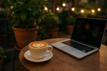 Cozy Café Workspace: Laptop & Coffee Cup Productivity