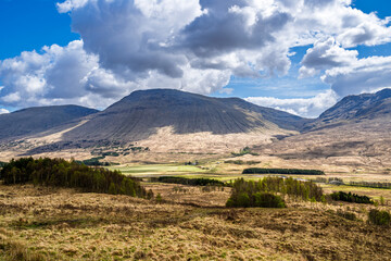 Mountains and Moors over Loch Tulla and River Orchy from a drone, Highlands, Scotland, UK