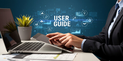 Laptop screen with user guide text showing instruction manual for software or online service tutorial