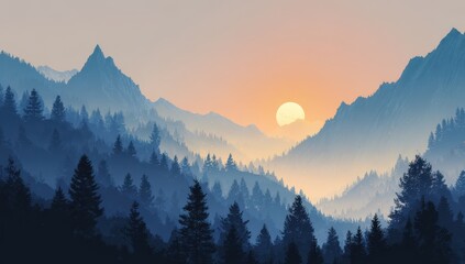 Serene Sunset Over Misty Mountain Forest