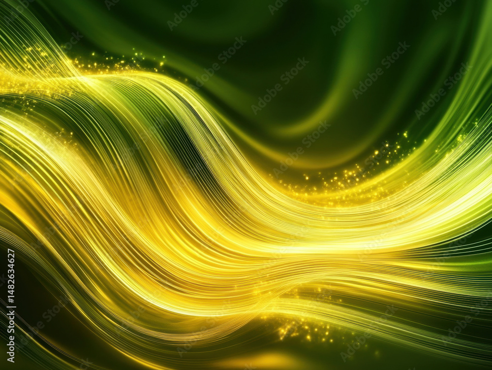 Poster flowing golden and green abstract patterns creating a vibrant display of light