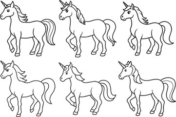 Set of Unicorn outline vector illustration line art