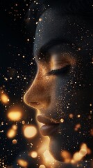 Artistically captured profile of a woman adorned with shimmering gold particles at night