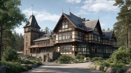 Fototapeta premium Historic mansion surrounded by lush greenery in a serene forest setting during daylight hours