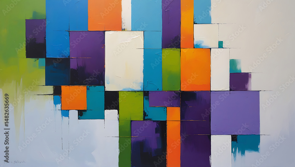 Poster a graphic and colorful abstract painting featuring a pattern of vibrant blocks and expressive brushw
