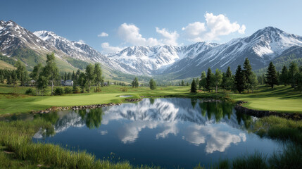 Breathtaking mountain golf course with serene lake reflecting majestic peaks during sunny day