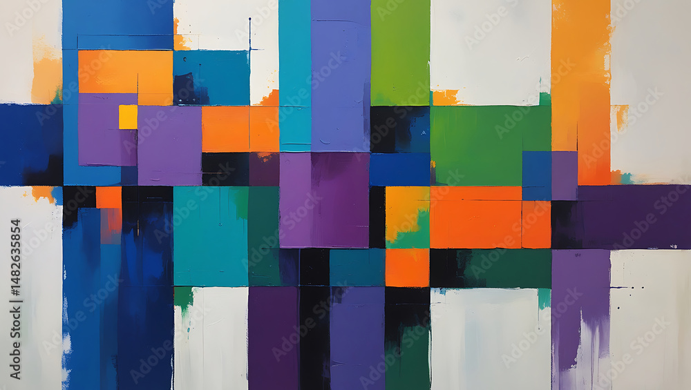 Poster a graphic and colorful abstract painting featuring a pattern of vibrant blocks and expressive brushw