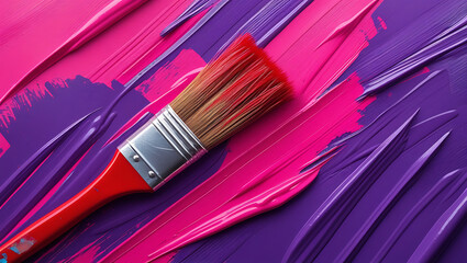 Fototapeta premium A close-up view of a paint brush with red bristles laying on a background of vibrant pink and purple painted Surface