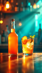 Refreshing cocktail in a bar, with copy space