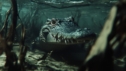 Obraz premium Alligator Underwater Close-up in Natural Habitat
