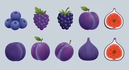 Delightful illustration of various purple fruits isolated on a light grey background.