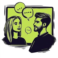 Engaging discussion between two individuals in a modern digital setting with speech bubbles