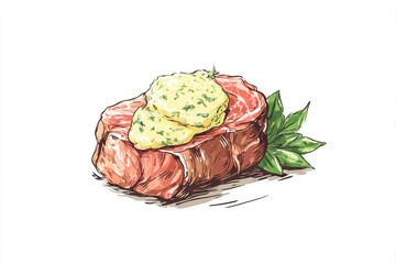 Steak with Herb Butter Savory with Sketch Style Delight, and Culinary Art.