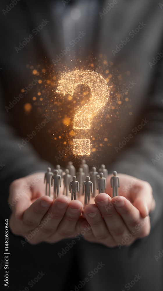 Poster glowing question mark above small figures in cupped hands, representing uncertainty, questions, or p