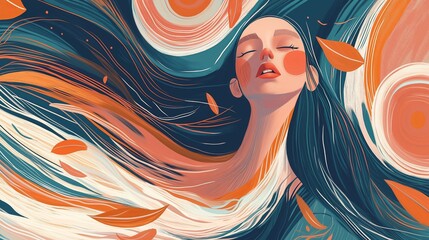 Woman embracing autumn breeze with flowing hair and vibrant colors in artistic illustration