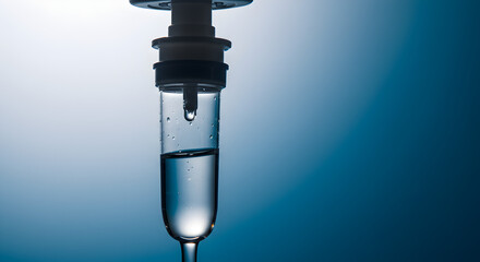 Naklejka premium Close up View of Clear Intravenous Drip Equipment with Blue Background in a Medical Setting