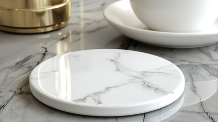 Marble coaster with cup, gold accent on surface