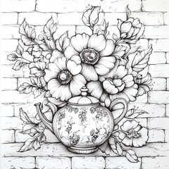 A beautiful line art drawing of an elegant teapot with flowers