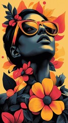 Artistic representation of a woman with sunglasses surrounded by bright flowers and leaves