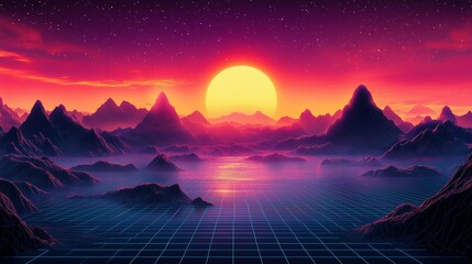 Vibrant sunset over a futuristic landscape with mountains and a grid