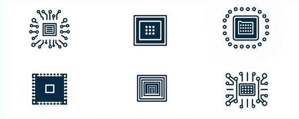 Different types of microchips and circuit designs displayed on a white background