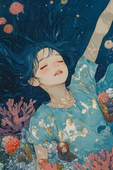 Girl submerged in vibrant underwater world surrounded by coral and marine life during daytime