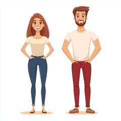 Couple in casual attire standing happily together in a simple, colorful setting