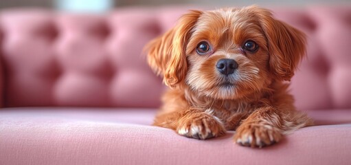 Adorable Puppy on Pink Sofa: A Portrait of Canine Charm