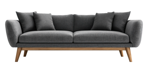 Contemporary dark grey upholstered couch with wooden tapered legs and scatter cushions isolated on white transparent background