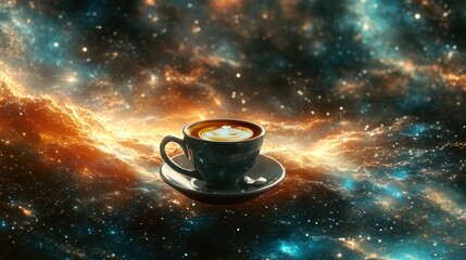Cosmic coffee cup floats in a starry nebula.