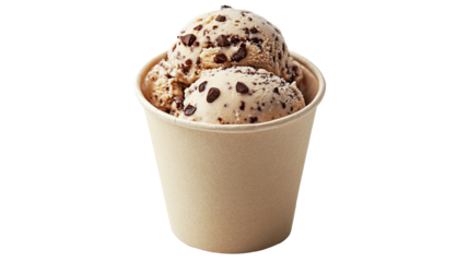 Chocolate chip cookie dough ice cream scoops in beige paper cup  isolated on white transparent background