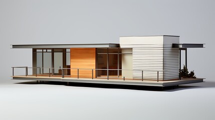 A linear, horizontal residence model with wood slats and full-length windows, presented on a muted gray background.