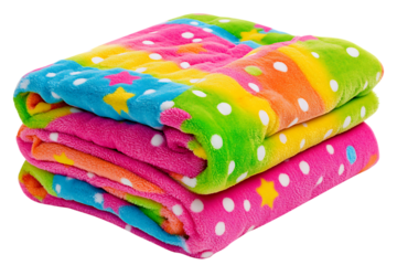 Stack of three colorful and patterned plush blankets with polka dots and stars on a transparent background