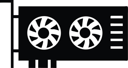 A black computer video card with two fans is presented against a transparent backdrop