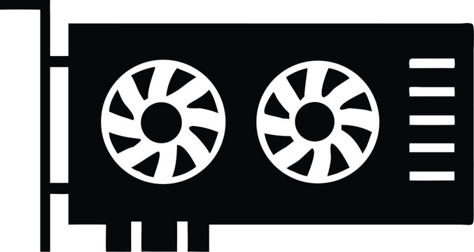 A black computer video card with two fans is presented against a transparent backdrop