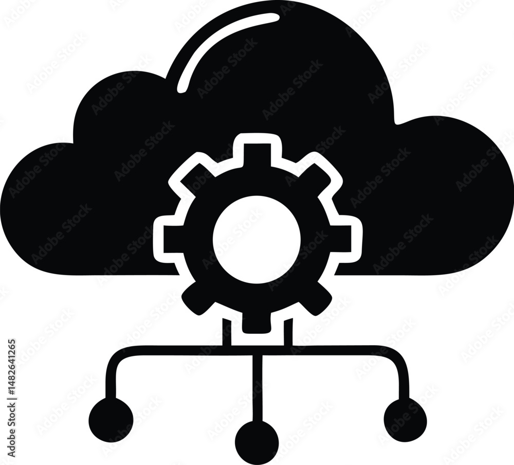 Poster a black cloud features a cogwheel connected to three dots representing cloud computing transparent