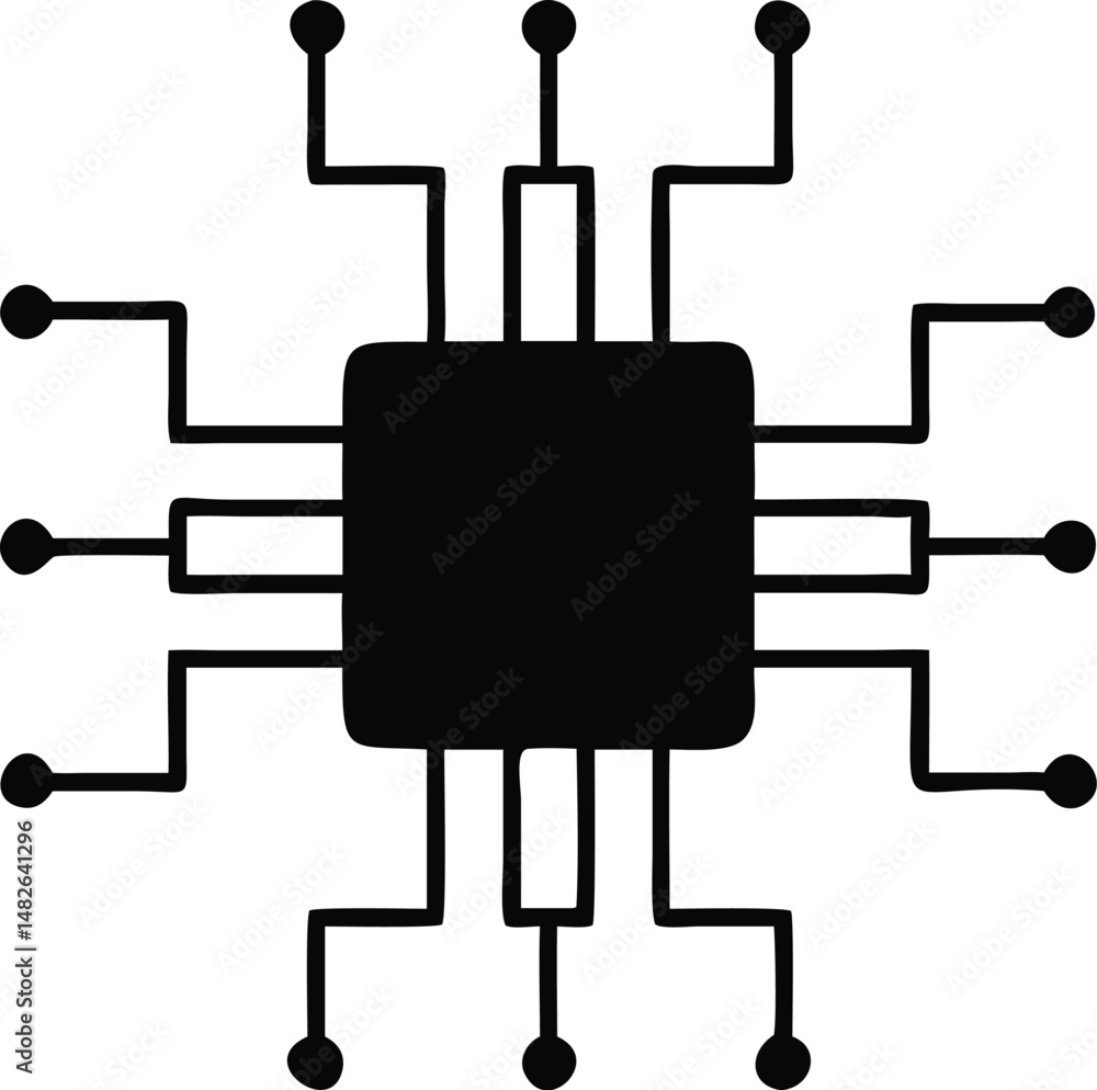 Poster a black stylized computer chip with interconnected circuits is displayed against a white backdrop