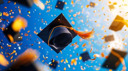 Naklejka premium Graduation Caps Flying in the Air with Confetti Celebration Against a Bright Blue Sky, Symbolizing Achievement and New Beginnings 