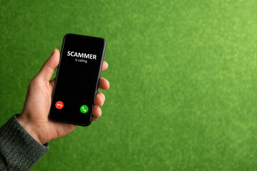 hand holding phone with incoming call from scammer on screen