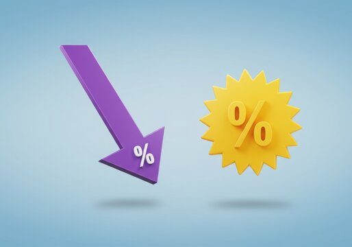 Purple arrow pointing down and yellow star with percentage sign on blue background