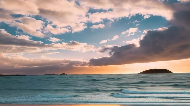 Animated photo of Island Craigleith at sunset before the storm. Dramatic sky has form of heart. North Berwick. East Lothian. Scotland. UK. 4K, motion. For holidays and travel, tourist advertising