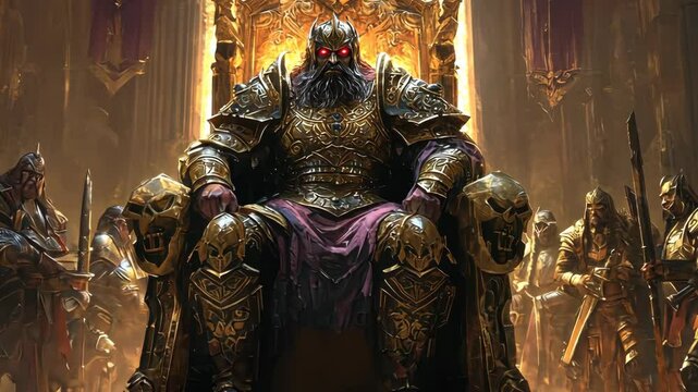 Mighty armored king sits on golden throne in majestic hall with glowing eyes