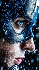 Hero's gaze Masked face, intense blue eyes, amidst falling water. Striking profile portrait