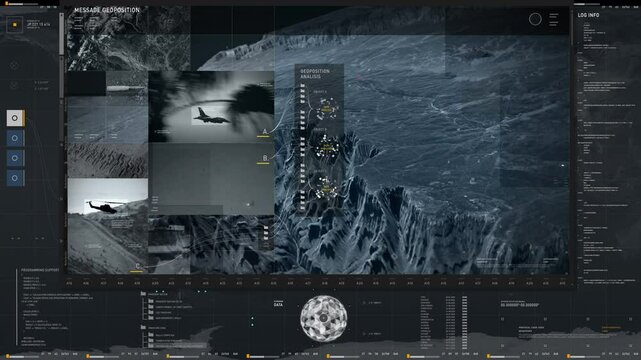 Military Geoposition Analysis On High Tech War User Interface. Army War Operation Via Spy User Interface Program. Satellite War Scanning Process By Espionage User Interface Software.