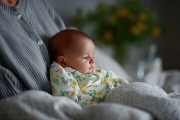 Baby resting on mother’s chest wrapped in soft blanket